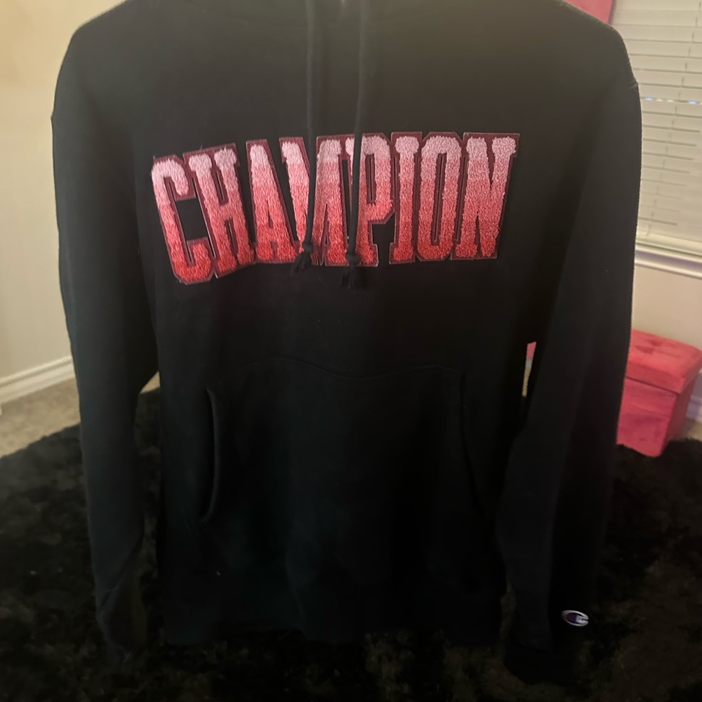Champion Black Hoodie with Red-Pink Ombre Logo